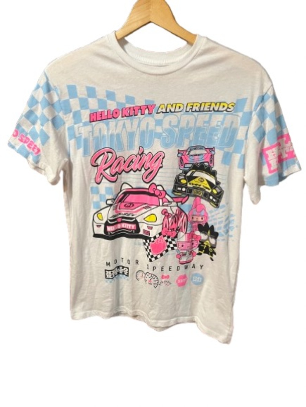 Sanrio Hello Kitty White, Pink & Blue Tokyo Speed Racing Graphic Tee Size XXS